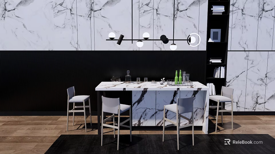 Modern Marble Dining Table Set with White Chairs and Black Panel Wall Pendant Lights 3d model 