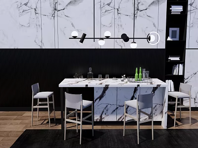 Modern Marble Dining Table Set with White Chairs and Black Panel Wall Pendant Lights 3d model