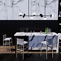 Modern Marble Dining Table Set with White Chairs and Black Panel Wall Pendant Lights