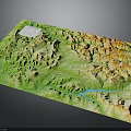 Detailed 3D Terrain Model With Green Mountain Ranges River And White Marker