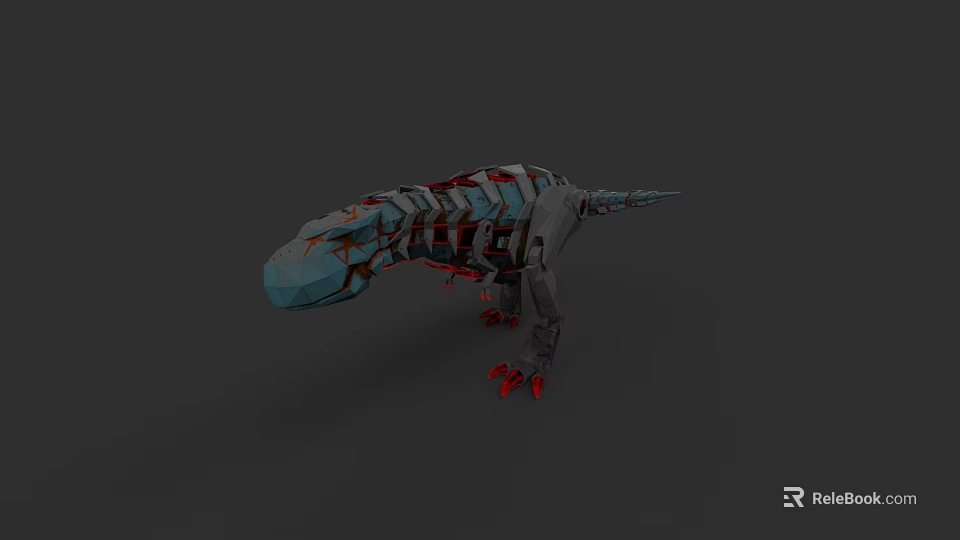 3D Model of Mechanical Skeleton Reptile Lizard With Blue Head Gray Body and Red Claws 3d model 