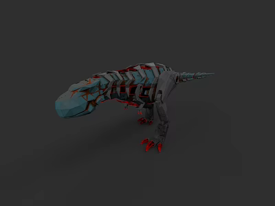 3D Model of Mechanical Skeleton Reptile Lizard With Blue Head Gray Body and Red Claws 3d model