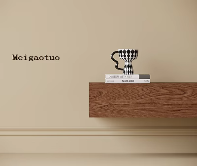 Black And White Checkered Mug On Wooden Shelf With Stacked Books Against Beige Wall 3d model