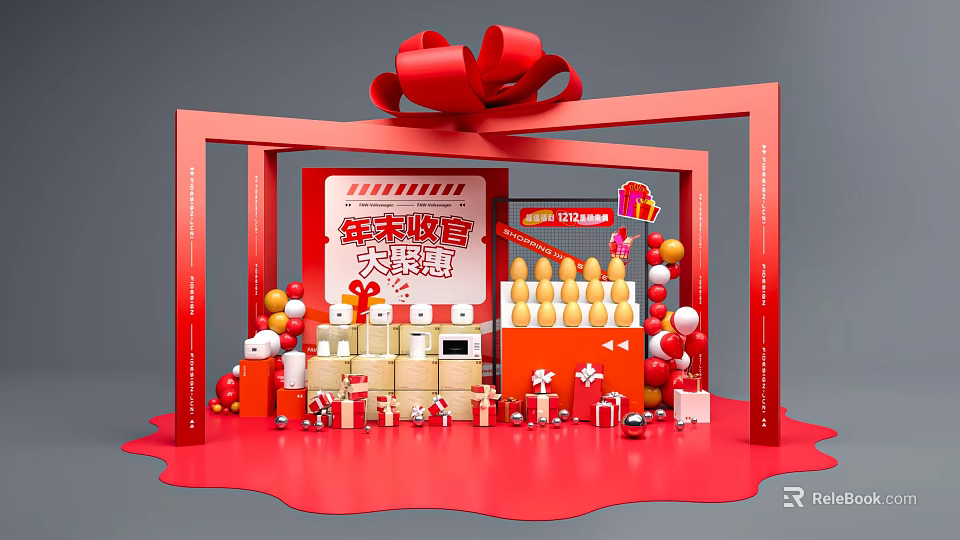Year End Finale Big Sale Display With Red Gifts Balloons And Promotional Setup 3d model 