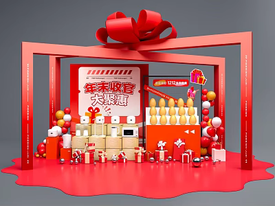 Year End Finale Big Sale Display With Red Gifts Balloons And Promotional Setup 3d model