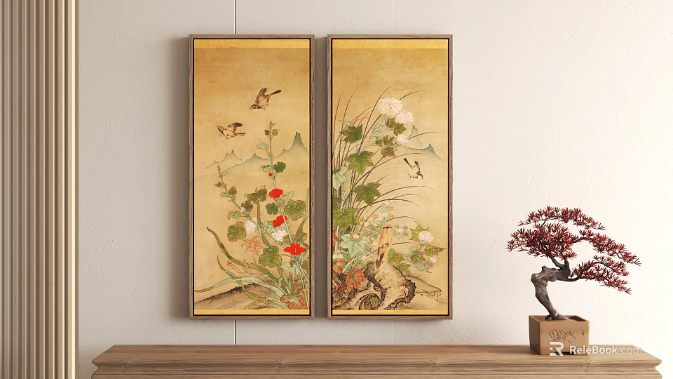 Traditional Chinese Plant Paintings With Flowers And Birds 3d model 