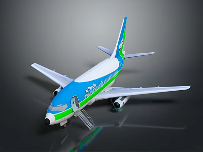 Blue White Green Commercial Airplane Model With Spring Logo And Boarding Stairs 3d model