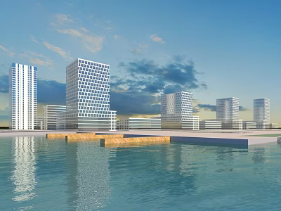 Modern Waterfront Office Buildings with Multiple Tall Glass Curtain Walls and Water Reflections 3d model