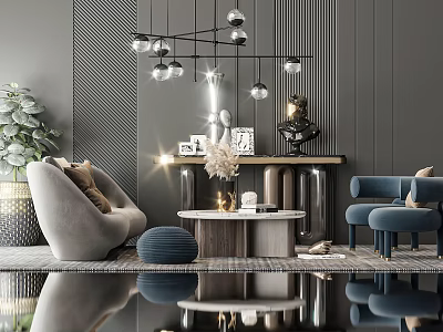 Elegant Modern Sofa Coffee Table Set With Gray Blue Seating Glass Chandelier And Decorative Plants 3d model
