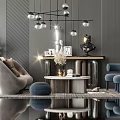Elegant Modern Sofa Coffee Table Set With Gray Blue Seating Glass Chandelier And Decorative Plants