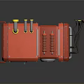Red Industrial Equipment Machinery Featuring Warning Signs Control Panel And Pipes Structure