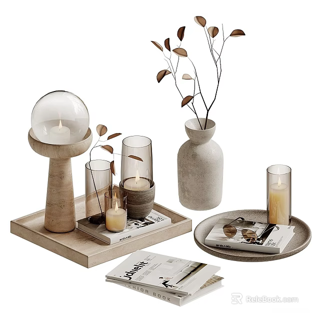 Decorative Ornament Set with Wooden Tray Glass Globe Candle Holders Gray Vase and Leafy Branches 3d model 