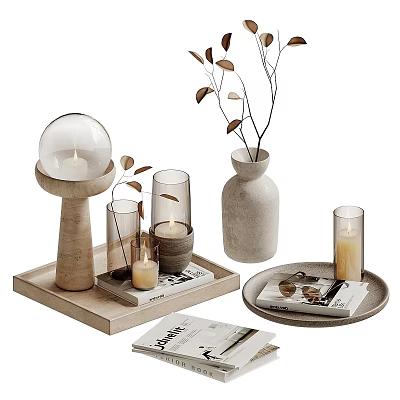 Decorative Ornament Set with Wooden Tray Glass Globe Candle Holders Gray Vase and Leafy Branches 3d model