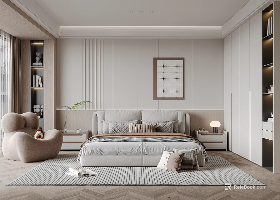 Modern Bedroom Interior With King Bed Beige Armchair Herringbone Rug Nightstand And Artwork 3d model 