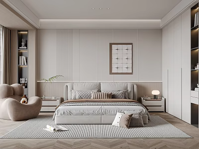 Modern Bedroom Interior With King Bed Beige Armchair Herringbone Rug Nightstand And Artwork 3d model