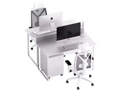 Modern Office Desk With Dual Monitors Mesh Chair And White Desktop 3d model