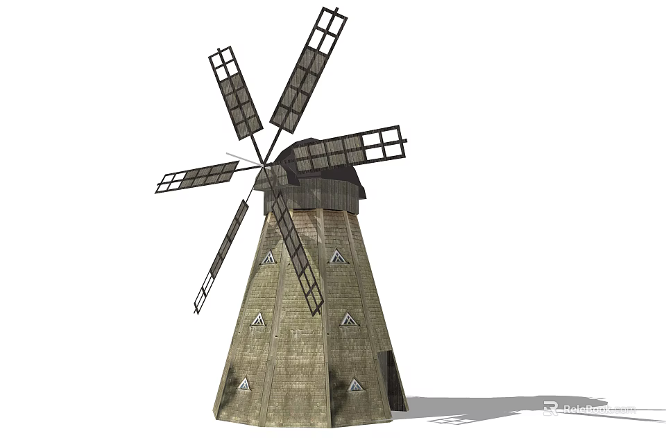 Traditional Windmill Architectural Components Including Rotating Blades And Triangular Decorated Tower 3d model 