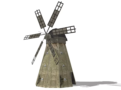 Traditional Windmill Architectural Components Including Rotating Blades And Triangular Decorated Tower 3d model