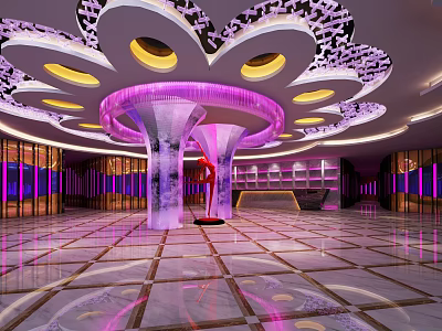 Luxurious KTV Lobby Featuring Purple Lighting Crystal Chandeliers And Marble Flooring 3d model
