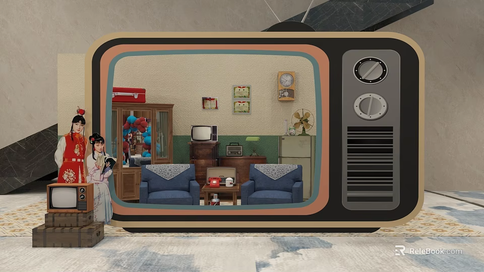 Vintage Photo Spot with Old TV Frame Retro Furniture and Traditional Costume Figures 3d model 