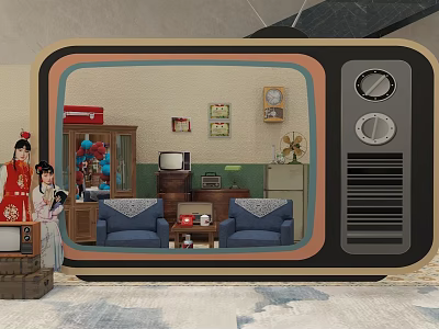 Vintage Photo Spot with Old TV Frame Retro Furniture and Traditional Costume Figures 3d model