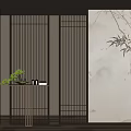 Modern Lattice Room Divider With Bamboo Pattern And Interior Decor Elements 3d model
