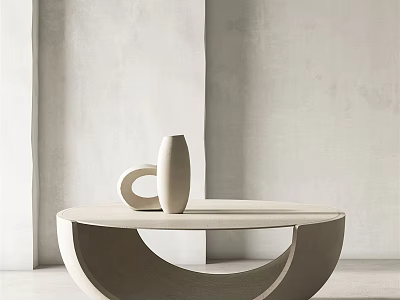 Modern Minimalist Coffee Table With Curved Design And Decorative Vase In Neutral Color 3d model