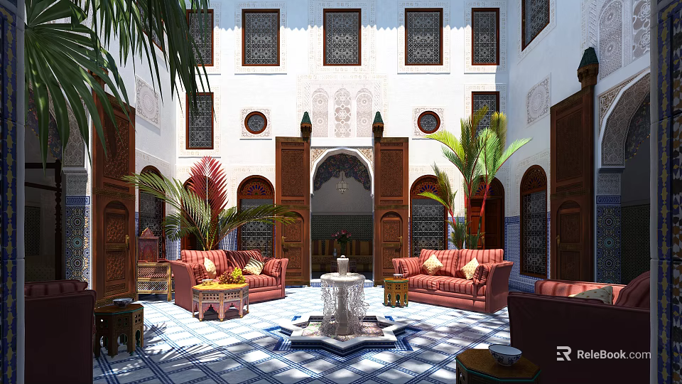 Traditional Courtyard Garden Design With Red Sofas Fountain Palm Trees And Decorative Walls 3d model 
