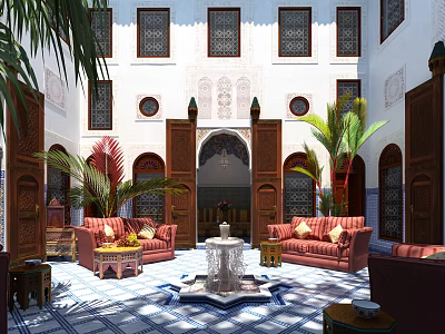 Traditional Courtyard Garden Design With Red Sofas Fountain Palm Trees And Decorative Walls 3d model