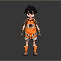 Stylized 3D Male Character With Black Short Hair Orange Outfit Wrist Guards And Boots