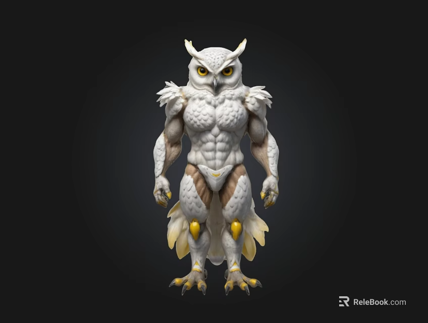 3D Rendered Fantasy Owl Humanoid Creature With Muscular Body White Feathers Yellow Eyes And Claws 3d model 