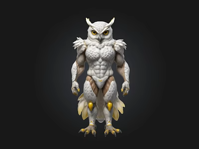 3D Rendered Fantasy Owl Humanoid Creature With Muscular Body White Feathers Yellow Eyes And Claws 3d model