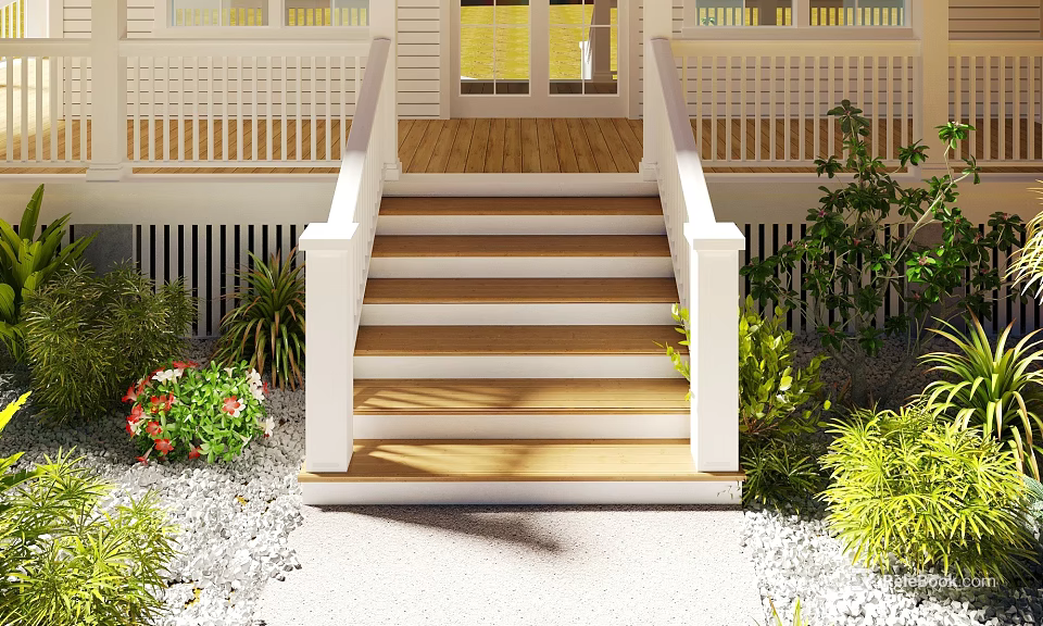 Wooden Front Porch Staircase With White Railings Gravel Path And Landscaping Plants 3d model 