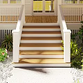 Wooden Front Porch Staircase With White Railings Gravel Path And Landscaping Plants
