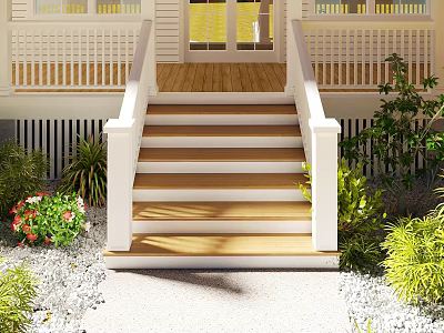 Wooden Front Porch Staircase With White Railings Gravel Path And Landscaping Plants 3d model