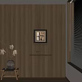 Wooden Wall Interior Featuring Framed Artwork Small Shelf Vase Branches And Blinds