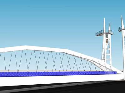 Modern White Bridge With Blue Deck And Tower Structures Against Clear Blue Sky Background 3d model