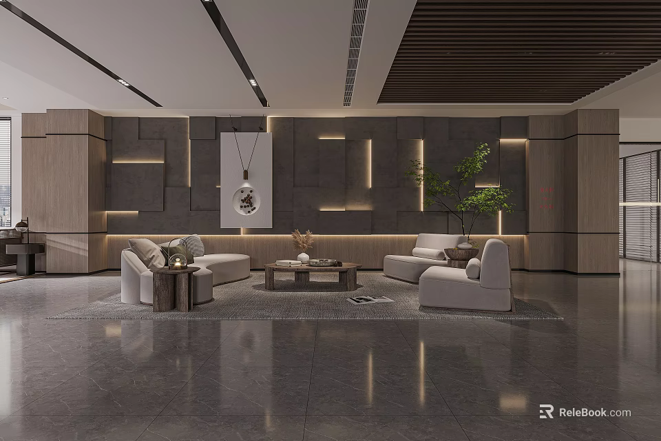 Modern Lounge Area Interior Design With Comfortable Sofa Coffee Table And Green Plant 3d model 
