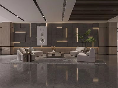 Modern Lounge Area Interior Design With Comfortable Sofa Coffee Table And Green Plant 3d model