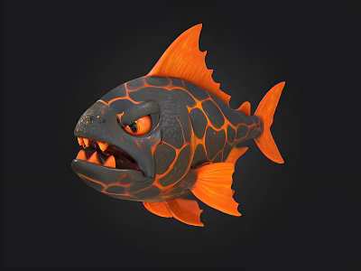 Fantasy 3D Fish Model With Black Orange Scales And Sharp Teeth 3d model