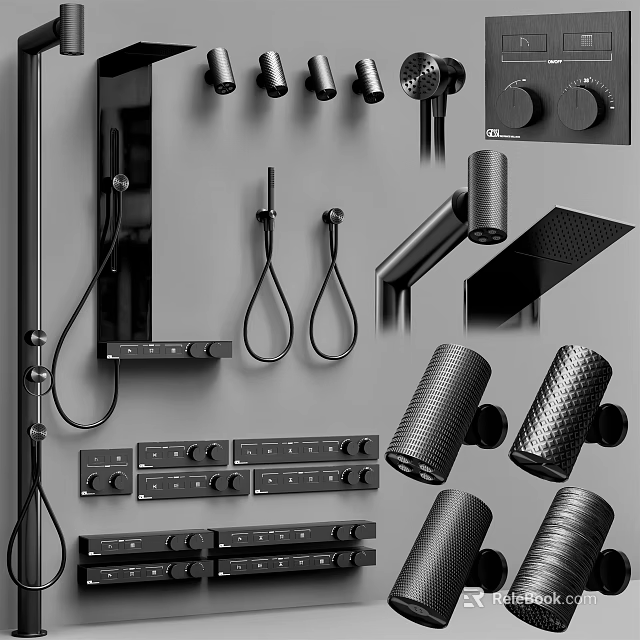 Modern Faucet Components Set with Black Handles Spouts and Control Knobs 3d model 