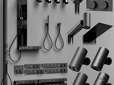 Modern Faucet Components Set with Black Handles Spouts and Control Knobs 3d model