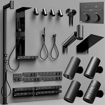 Modern Faucet Components Set with Black Handles Spouts and Control Knobs 3d model