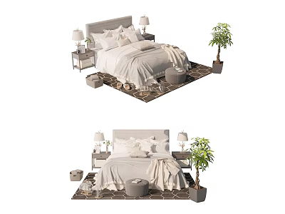 Cozy Modern Double Bed Bedroom With White Bedding Nightstands Lamps Potted Plant And Rug 3d model