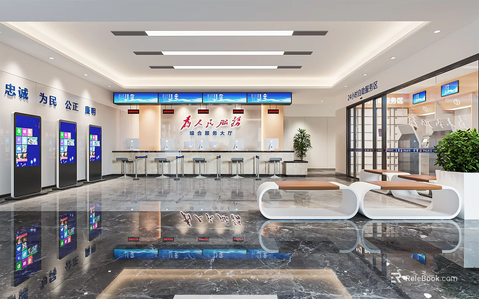 Modern Government Service Hall Interior With Service Counters Waiting Area And Self Service Kiosks 3d model 