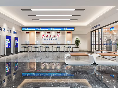 Modern Government Service Hall Interior With Service Counters Waiting Area And Self Service Kiosks 3d model