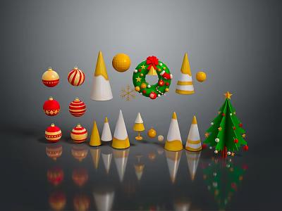 Christmas Household Decorations With Red Gold Baubles White Yellow Cones Wreath And Small Tree 3d model