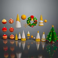 Christmas Household Decorations With Red Gold Baubles White Yellow Cones Wreath And Small Tree