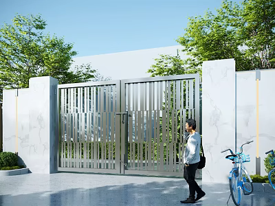 Modern Metal Entrance Gate with White Walls Green Trees Blue Sky and Pedestrian Nearby 3d model