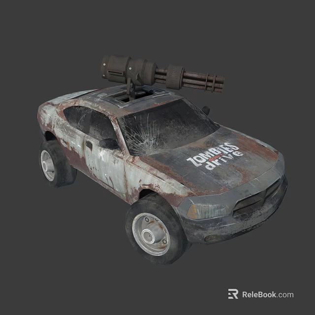 Mounted Weapon on Rusty Zombie Hunter Car with Weathered Exterior Design 3d model 